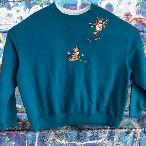 Vintage Y2K Cat Embroidered Patchwork Morning Sun Teal Double Collar Ove… - Picture 1 of 11
